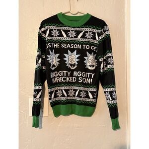 RICK AND MORTY MENS MEDIUM UGLY CHRISTMAS SWEATER RIGGITY WRECKED GRAPHIC BLACK